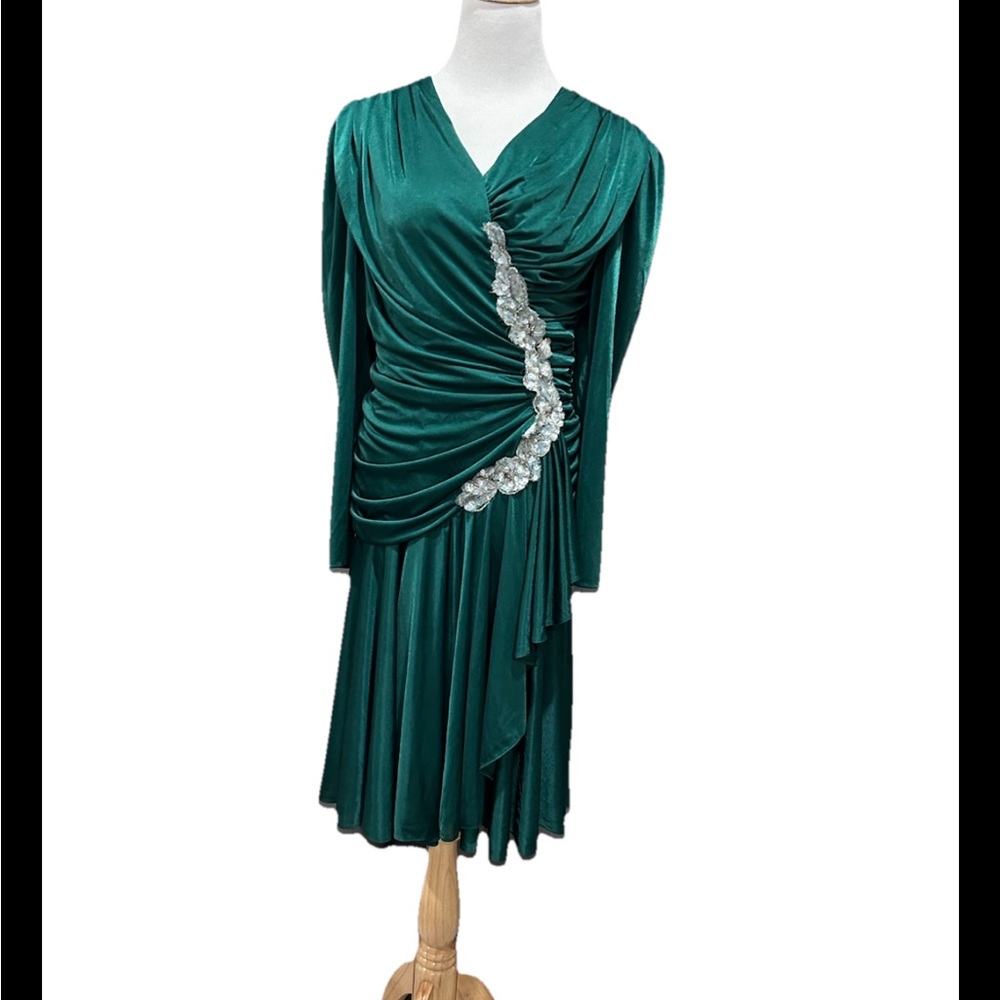 VTG Emerald Green Draped Long-Sleeve Evening Dress Size 14P